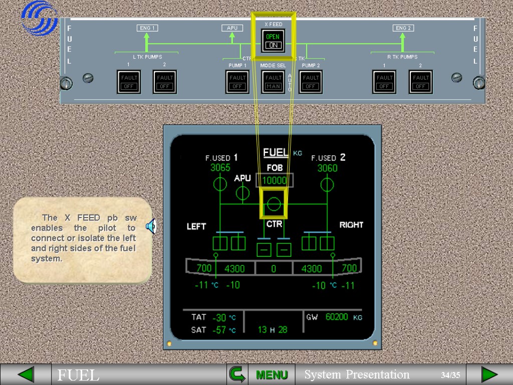 The X FEED pb sw enables the pilot to connect or isolate the left